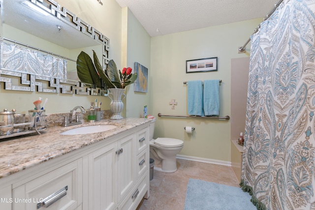 full bathroom with vanity, toilet, shower / bath combination with curtain, and a textured ceiling