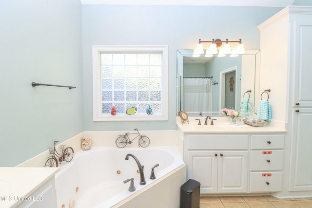 bathroom featuring vanity, tile patterned floors, and independent shower and bath