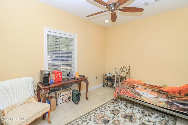 bedroom featuring ceiling fan and carpet floors