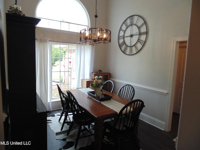 70 Tree Line Dr, Mount Pleasant, MS 38635 - dining area featuring a chandelier, wainscoting, and dark wood-type flooring