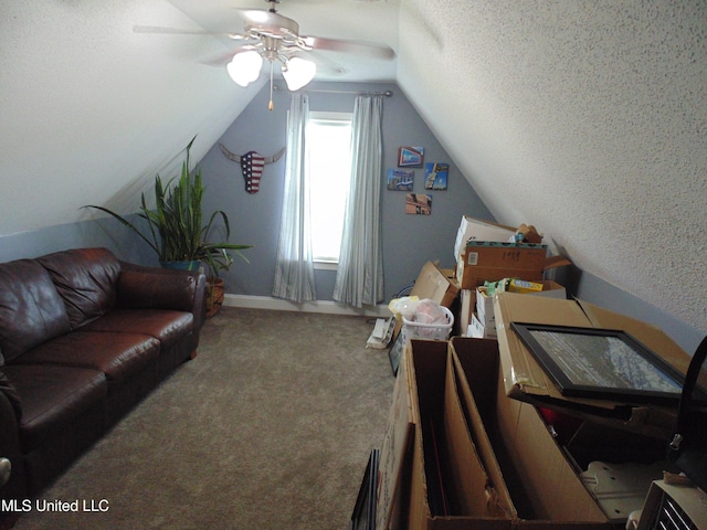 70 Tree Line Dr, Mount Pleasant, MS 38635 - additional living space with ceiling fan, lofted ceiling, and carpet flooring