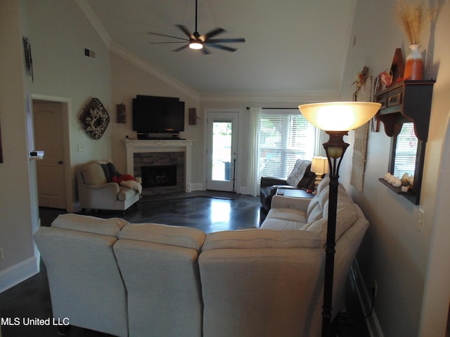 70 Tree Line Dr, Mount Pleasant, MS 38635 - living area with ceiling fan, a fireplace, ornamental molding, wood finished floors, and high vaulted ceiling
