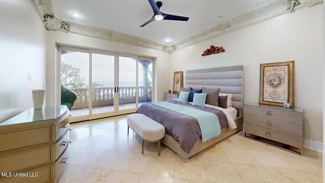 tiled bedroom with access to outside and ceiling fan