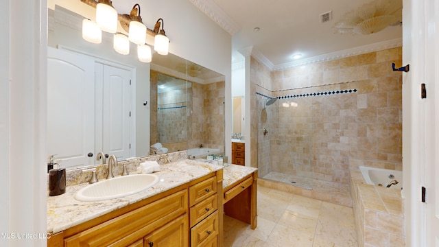 bathroom with vanity, ornamental molding, and plus walk in shower