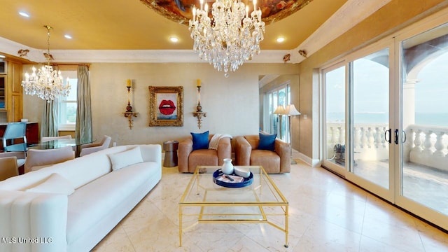 living room featuring crown molding, french doors, a healthy amount of sunlight, and an inviting chandelier