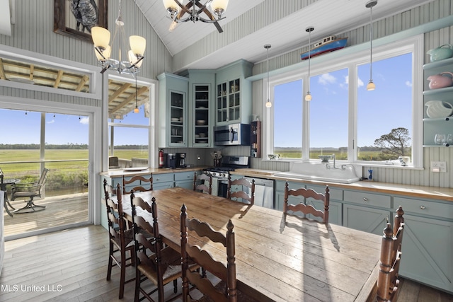 dining space with a wealth of natural light, a chandelier, and wood-type flooring