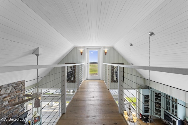 hallway with vaulted ceiling, wood ceiling, and wood-type flooring