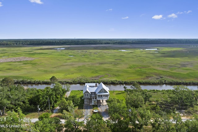 aerial view featuring a rural view and a water view