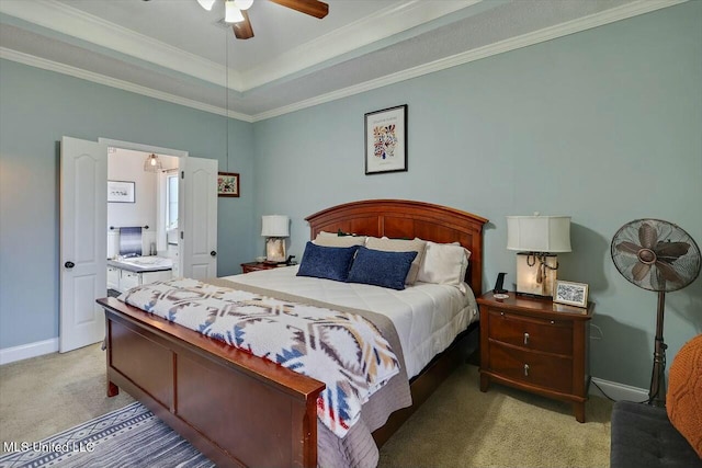 bedroom featuring light carpet, baseboards, a raised ceiling, and crown molding