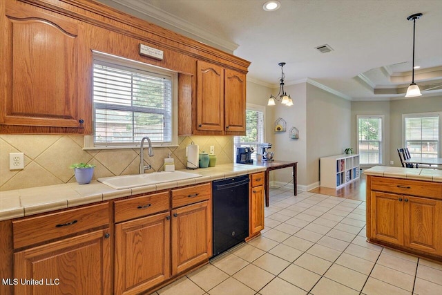 109 Bellemeade Trce, Clinton, MS 39056 - kitchen featuring a sink, black dishwasher, ornamental molding, tasteful backsplash, and brown cabinets