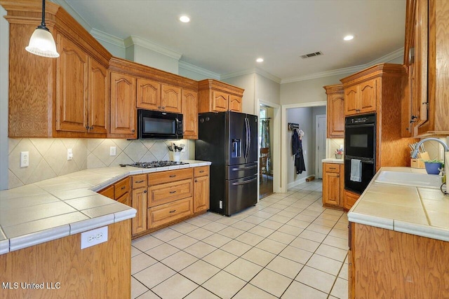 109 Bellemeade Trce, Clinton, MS 39056 - kitchen with black appliances, a sink, light tile patterned floors, decorative backsplash, and ornamental molding