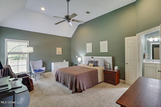 109 Bellemeade Trce, Clinton, MS 39056 - bedroom with light carpet, high vaulted ceiling, baseboards, a ceiling fan, and a sink