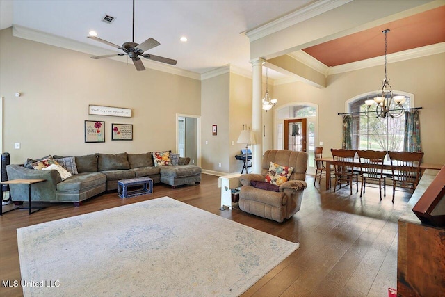 109 Bellemeade Trce, Clinton, MS 39056 - living area with a chandelier, ceiling fan, dark wood-style floors, crown molding, and recessed lighting