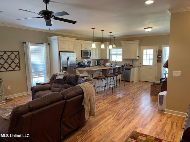 living room featuring ceiling fan, ornamental molding, and light wood-type flooring