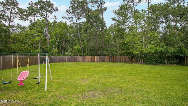 view of yard with a fenced backyard and a playground