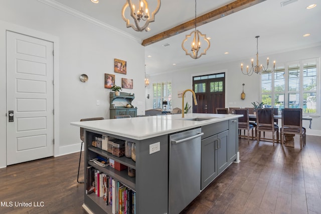 kitchen with beam ceiling, dishwasher, sink, an island with sink, and a chandelier