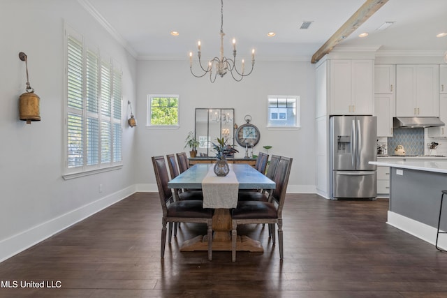 dining room with beam ceiling, crown molding, dark wood-type flooring, and a notable chandelier