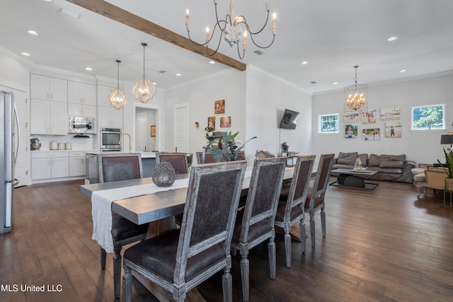 dining area featuring a chandelier, dark hardwood / wood-style floors, and crown molding