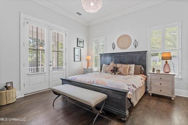 bedroom with access to outside, crown molding, and dark hardwood / wood-style floors