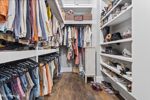 spacious closet with dark hardwood / wood-style flooring