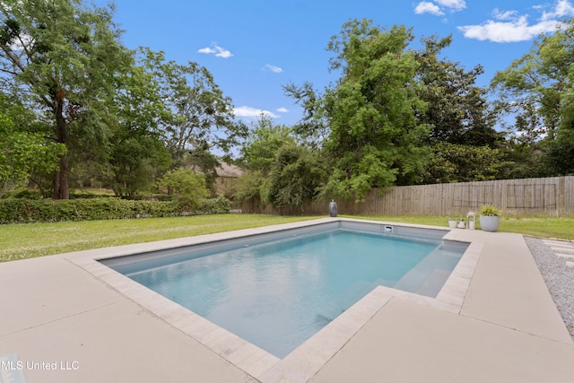 view of pool featuring a lawn and a patio area