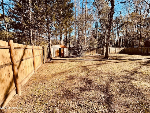 view of yard featuring a storage shed, an outdoor structure, and a fenced backyard
