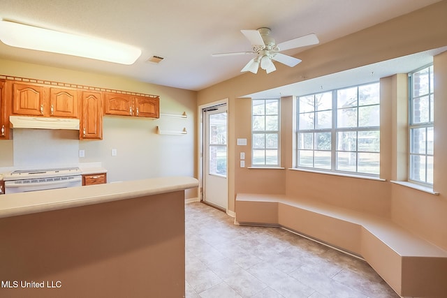 kitchen featuring ceiling fan, plenty of natural light, and white range oven