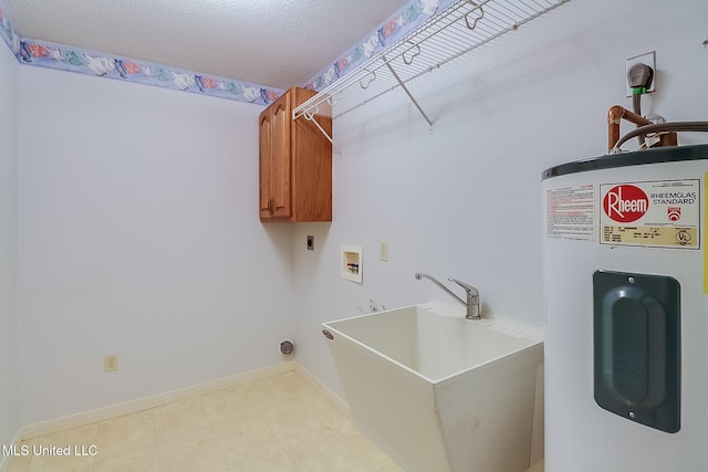 laundry area with sink, cabinets, hookup for a washing machine, electric water heater, and electric dryer hookup