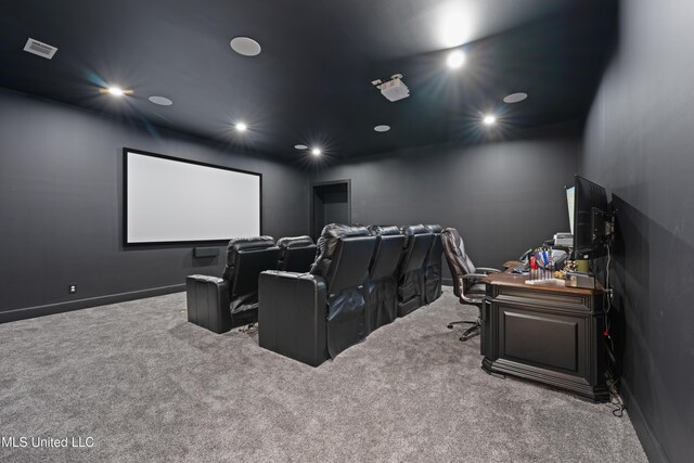 cinema room featuring carpet, visible vents, baseboards, and recessed lighting