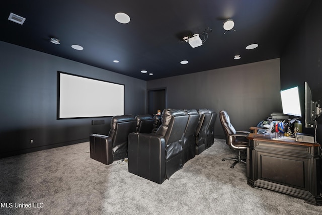 carpeted home theater room with visible vents, baseboards, and recessed lighting