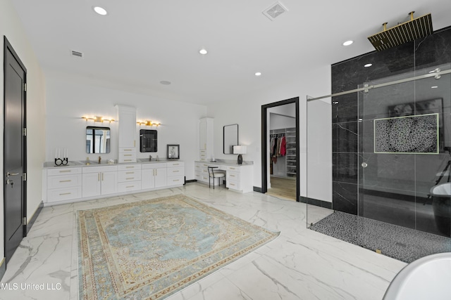 bathroom featuring marble finish floor, recessed lighting, visible vents, a stall shower, and vanity