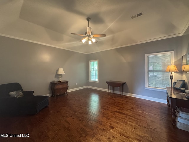 2610 Dickens Place Dr, Southaven, MS 38671 - sitting room featuring ornamental molding, wood finished floors, a ceiling fan, and vaulted ceiling