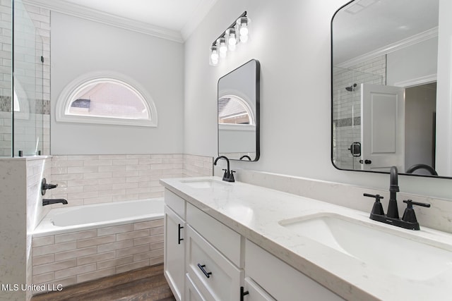 bathroom with vanity, crown molding, a wealth of natural light, and hardwood / wood-style floors