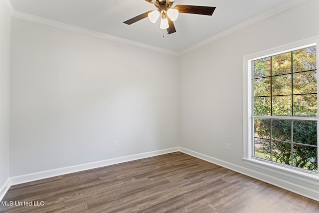 unfurnished room with crown molding, ceiling fan, plenty of natural light, and dark hardwood / wood-style flooring