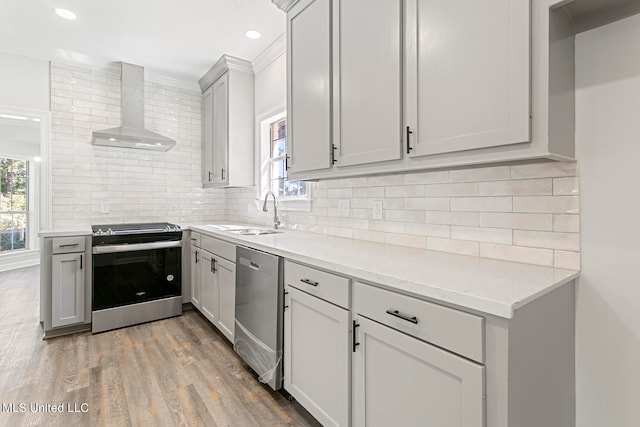 kitchen with decorative backsplash, wall chimney exhaust hood, sink, appliances with stainless steel finishes, and light hardwood / wood-style floors