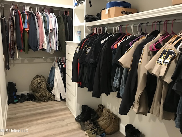 walk in closet with light wood-type flooring