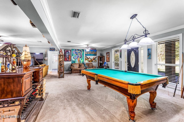 recreation room with light colored carpet, ceiling fan, crown molding, and billiards