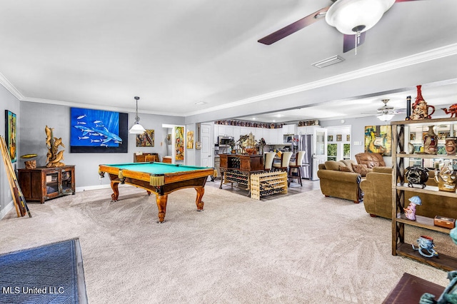 playroom featuring carpet flooring, billiards, and ornamental molding