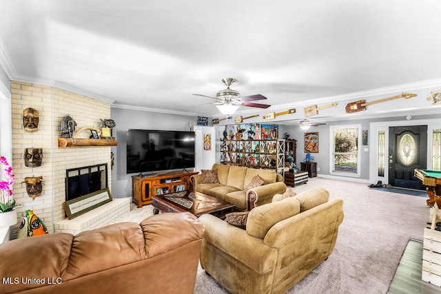 living room with ceiling fan, billiards, crown molding, light carpet, and a fireplace