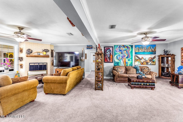 carpeted living room featuring crown molding and a brick fireplace