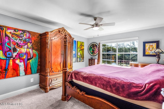 bedroom featuring ceiling fan, crown molding, and carpet