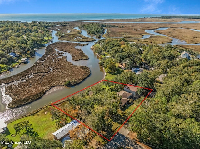 bird's eye view with a water view