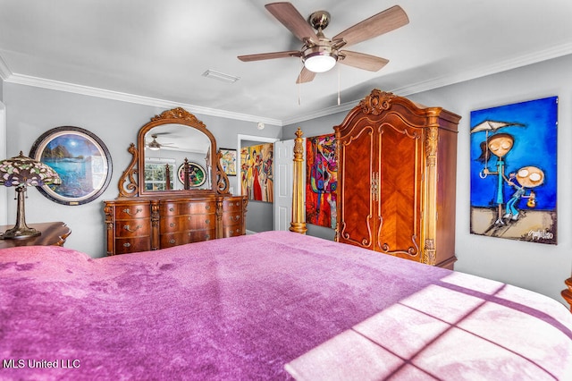 bedroom with a walk in closet, ceiling fan, a closet, and ornamental molding