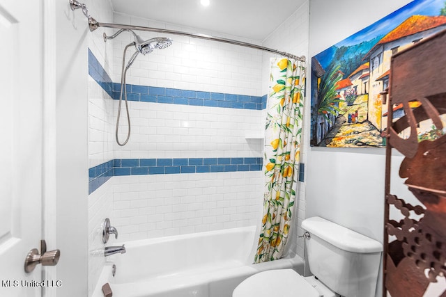 bathroom featuring toilet and shower / tub combo with curtain