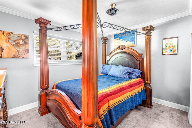 bedroom with light colored carpet and crown molding