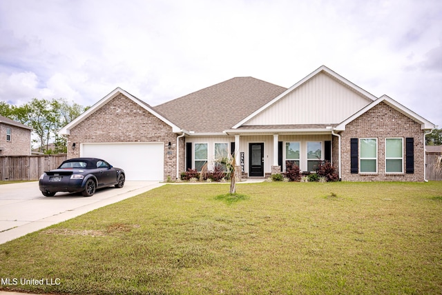 view of front of home with concrete driveway, a front yard, an attached garage, and brick siding