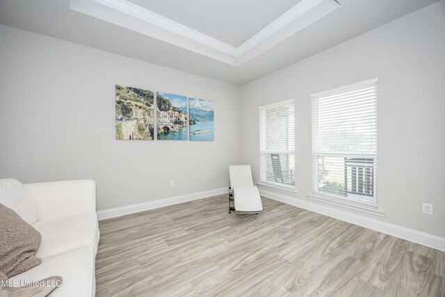 unfurnished room featuring a raised ceiling, crown molding, baseboards, and light wood-style floors