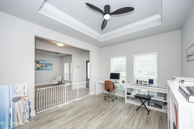 office space with light wood-style flooring, ceiling fan, crown molding, and a tray ceiling