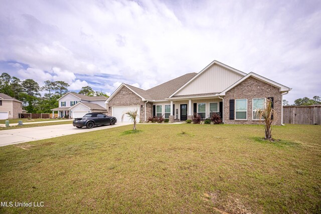 craftsman inspired home featuring a garage, brick siding, a front lawn, and concrete driveway