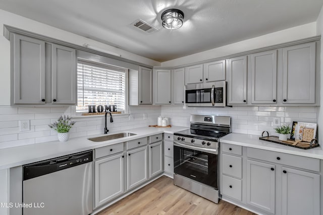 kitchen with stainless steel appliances, gray cabinets, light countertops, visible vents, and a sink